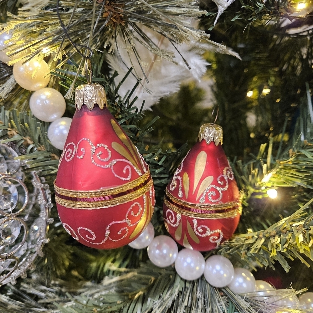 VINTAGE Krebs Hand Decorated Glass Red Teardrop Ornament Set West Germany